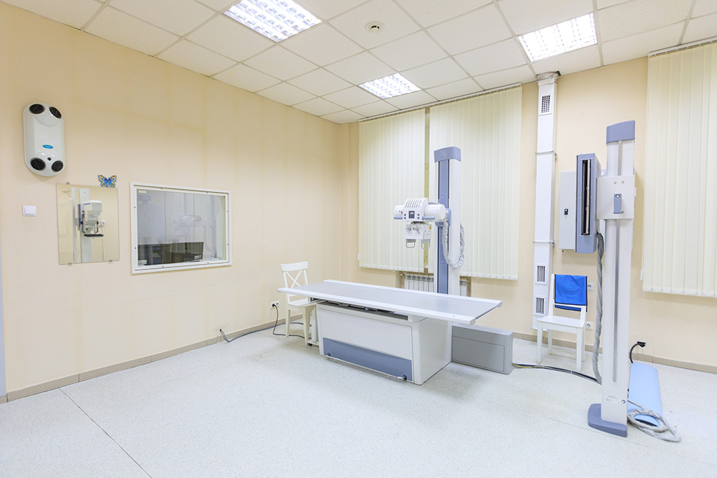Hospital room with vertical blinds