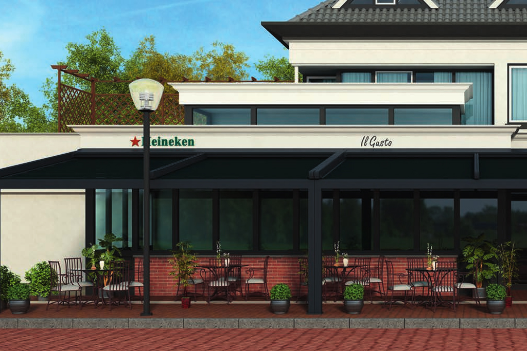 3D rendering of Heineken pub with awning patio